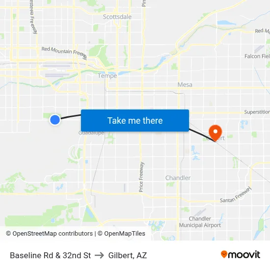 Baseline Rd & 32nd St to Gilbert, AZ map