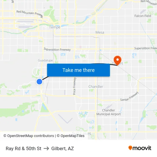 Ray Rd & 50th St to Gilbert, AZ map