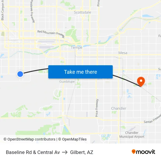 Baseline Rd & Central Av to Gilbert, AZ map