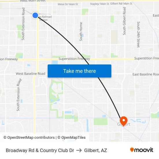 Broadway Rd & Country Club Dr to Gilbert, AZ map