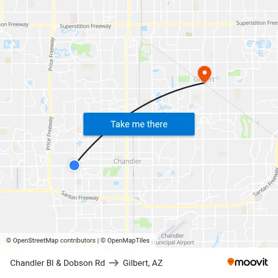 Chandler Bl & Dobson Rd to Gilbert, AZ map