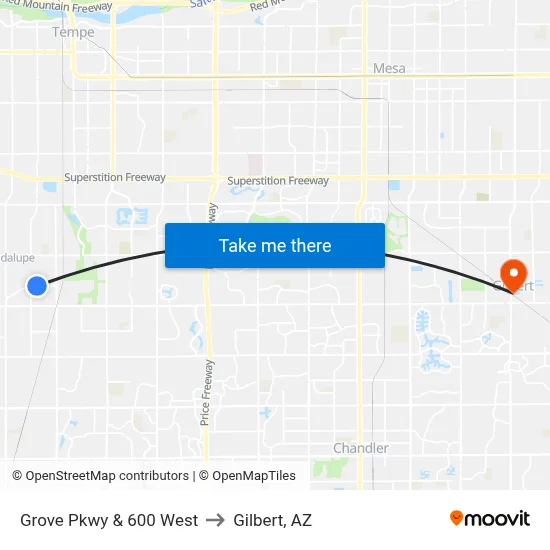 Grove Pkwy & 600 West to Gilbert, AZ map
