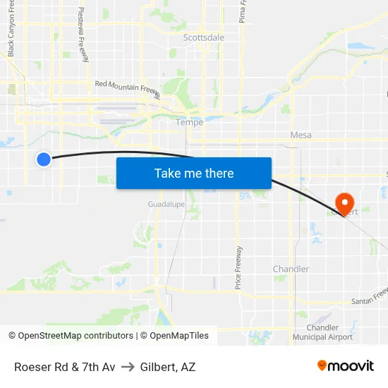 Roeser Rd & 7th Av to Gilbert, AZ map