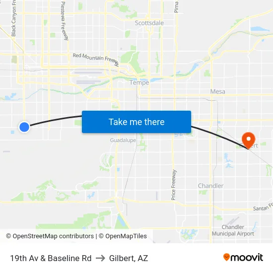 19th Av & Baseline Rd to Gilbert, AZ map