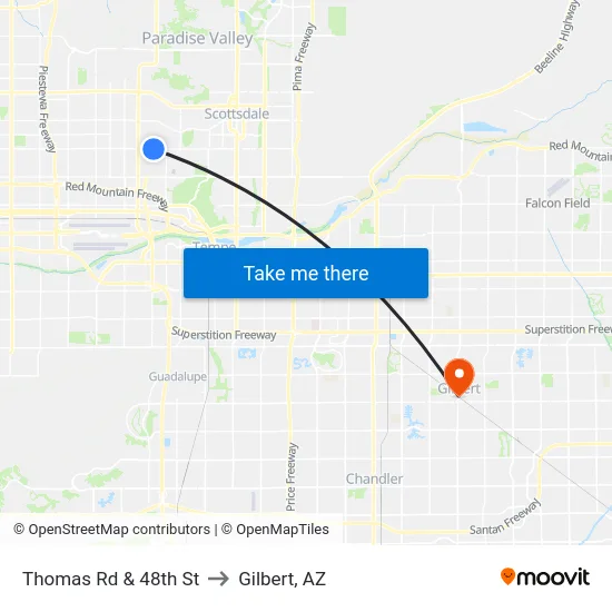Thomas Rd & 48th St to Gilbert, AZ map