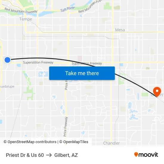 Priest Dr & Us 60 to Gilbert, AZ map