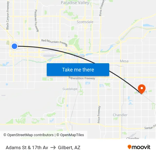 Adams St & 17th Av to Gilbert, AZ map