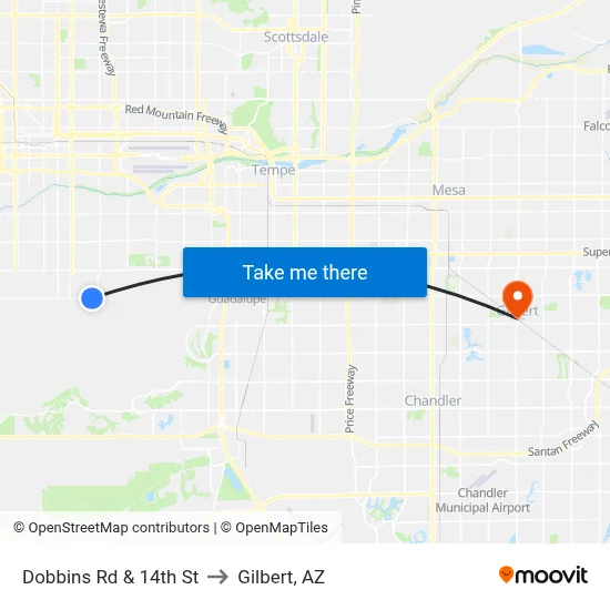 Dobbins Rd & 14th St to Gilbert, AZ map