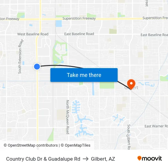 Country Club Dr & Guadalupe Rd to Gilbert, AZ map