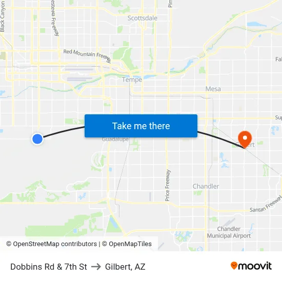 Dobbins Rd & 7th St to Gilbert, AZ map