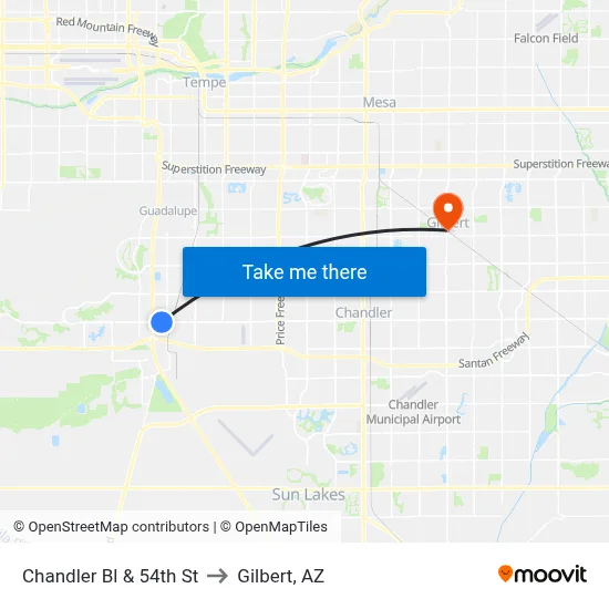 Chandler Bl & 54th St to Gilbert, AZ map