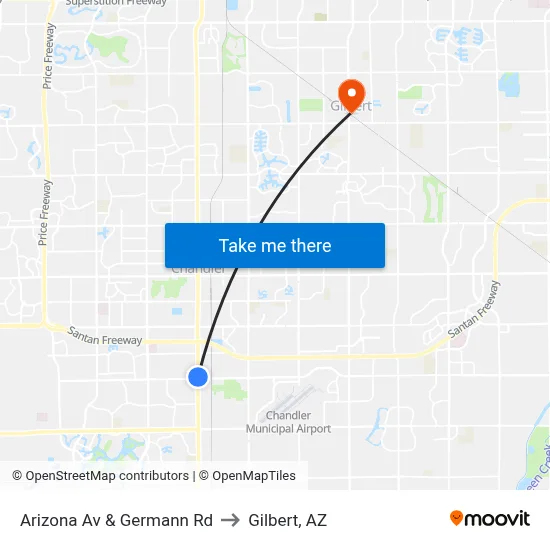 Arizona Av & Germann Rd to Gilbert, AZ map