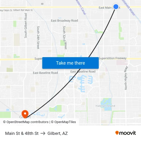 Main St & 48th St to Gilbert, AZ map