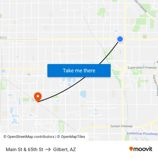 Main St & 65th St to Gilbert, AZ map