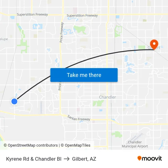Kyrene Rd & Chandler Bl to Gilbert, AZ map