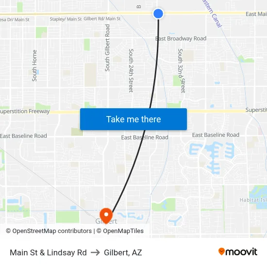 Main St & Lindsay Rd to Gilbert, AZ map