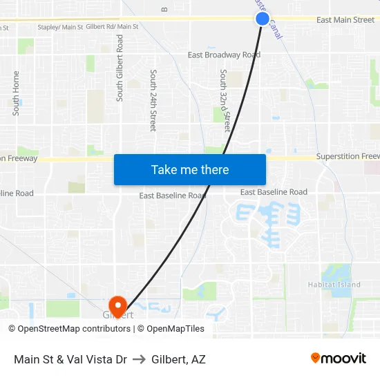 Main St & Val Vista Dr to Gilbert, AZ map
