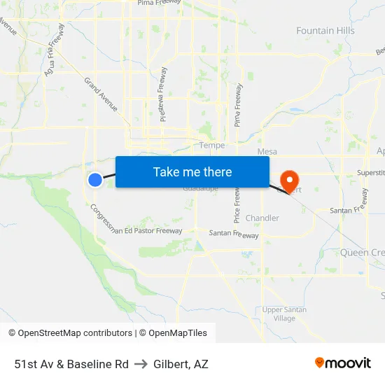 51st Av & Baseline Rd to Gilbert, AZ map