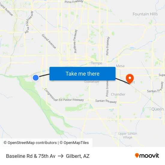 Baseline Rd & 75th Av to Gilbert, AZ map