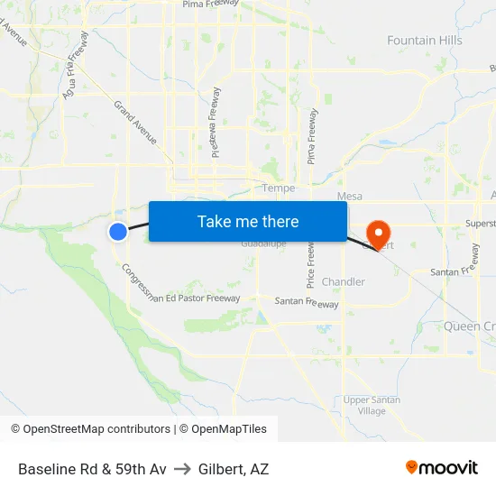 Baseline Rd & 59th Av to Gilbert, AZ map