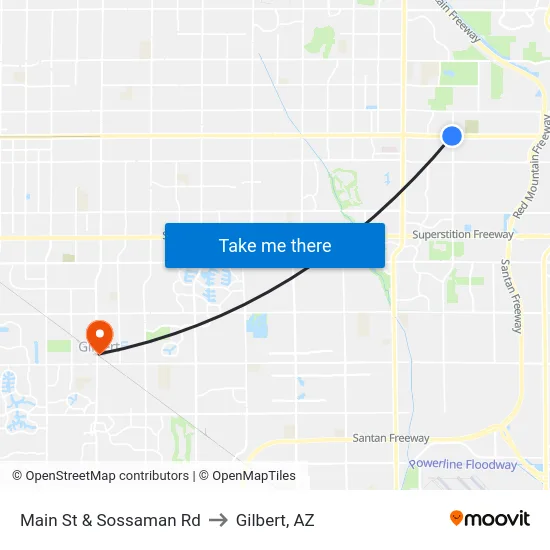 Main St & Sossaman Rd to Gilbert, AZ map