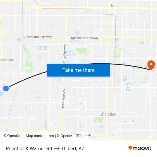 Priest Dr & Warner Rd to Gilbert, AZ map
