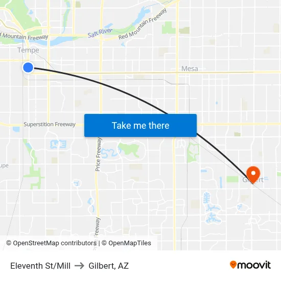 Eleventh St/Mill to Gilbert, AZ map