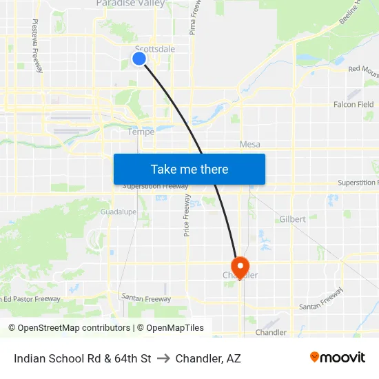 Indian School Rd & 64th St to Chandler, AZ map