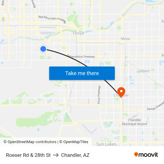 Roeser Rd & 28th St to Chandler, AZ map