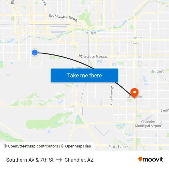 Southern Av & 7th St to Chandler, AZ map