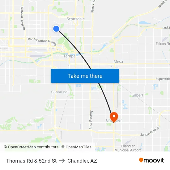 Thomas Rd & 52nd St to Chandler, AZ map