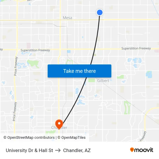 University Dr & Hall St to Chandler, AZ map
