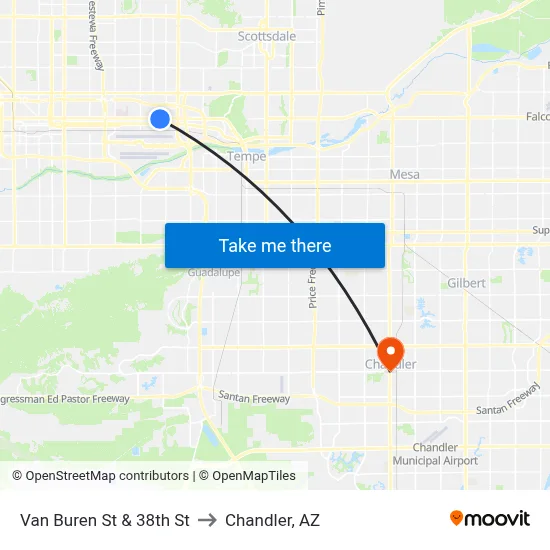 Van Buren St & 38th St to Chandler, AZ map