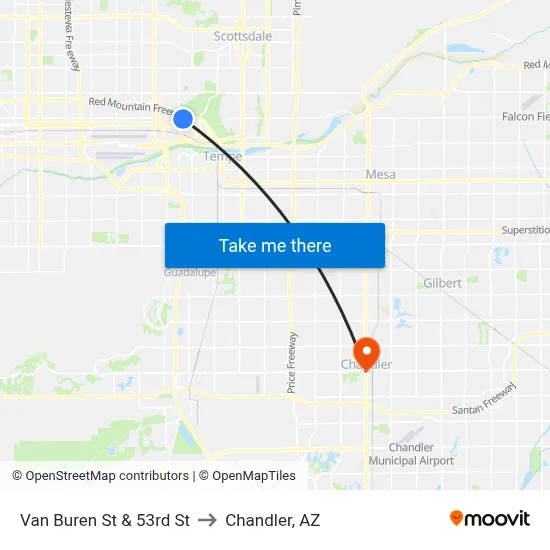 Van Buren St & 53rd St to Chandler, AZ map