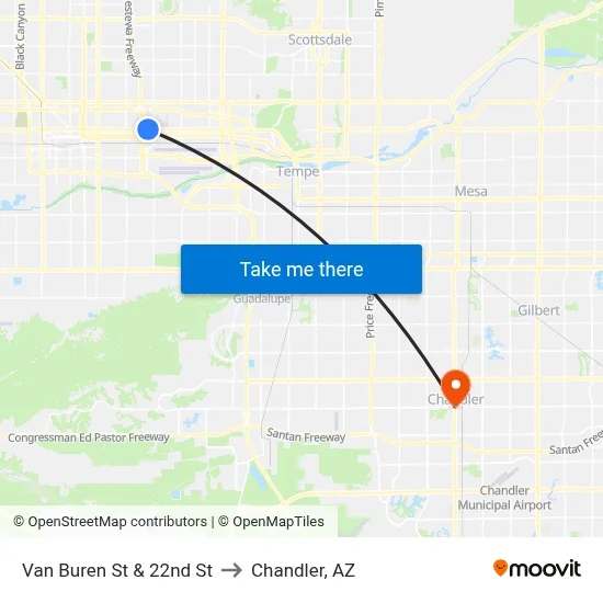 Van Buren St & 22nd St to Chandler, AZ map