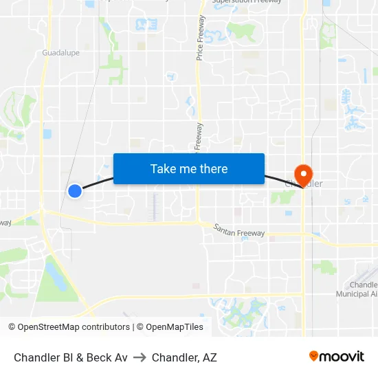 Chandler Bl & Beck Av to Chandler, AZ map