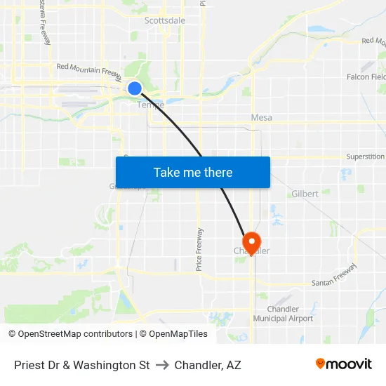 Priest Dr & Washington St to Chandler, AZ map