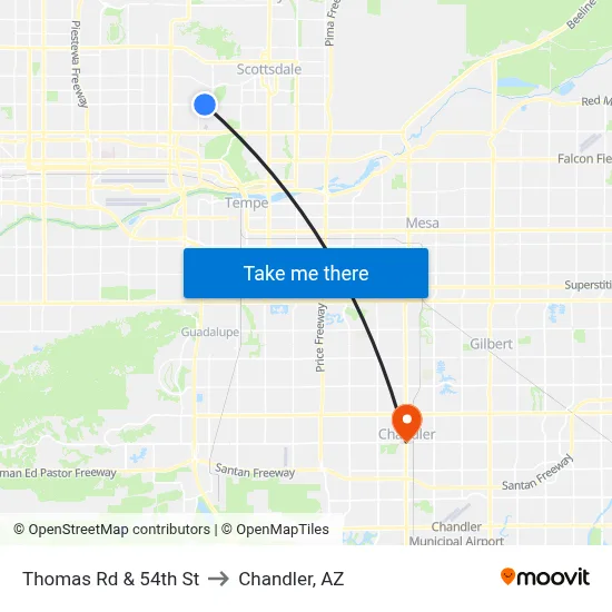 Thomas Rd & 54th St to Chandler, AZ map