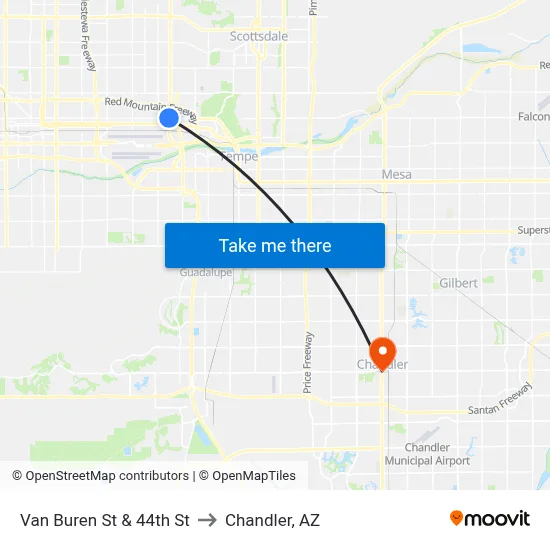 Van Buren St & 44th St to Chandler, AZ map