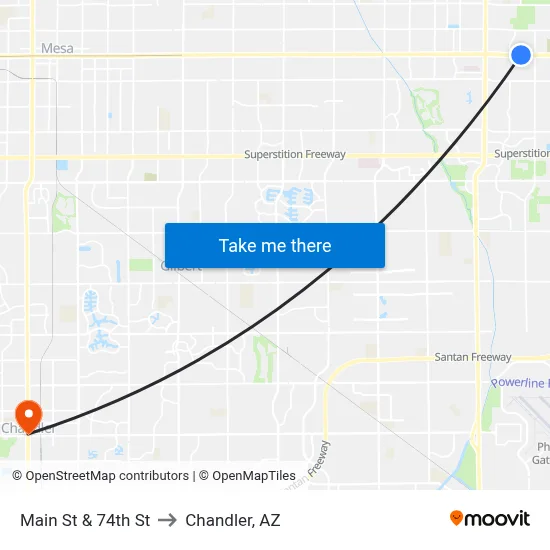 Main St & 74th St to Chandler, AZ map