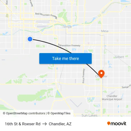 16th St & Roeser Rd to Chandler, AZ map
