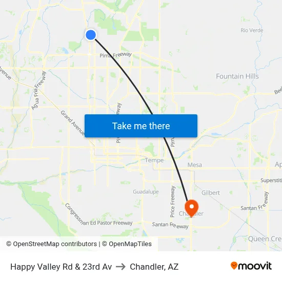 Happy Valley Rd & 23rd Av to Chandler, AZ map