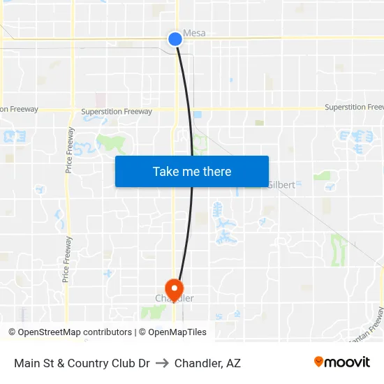 Main St & Country Club Dr to Chandler, AZ map