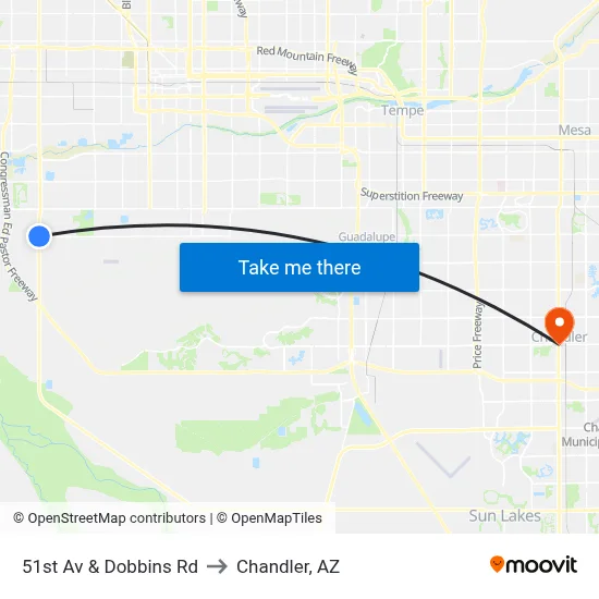 51st Av & Dobbins Rd to Chandler, AZ map