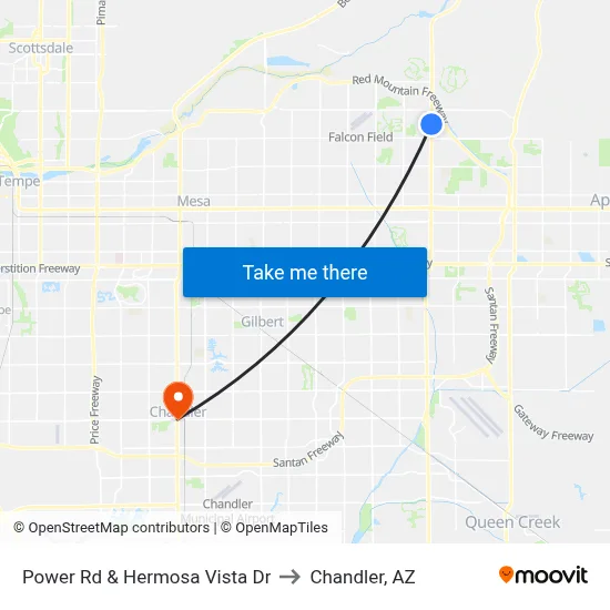 Power Rd & Hermosa Vista Dr to Chandler, AZ map