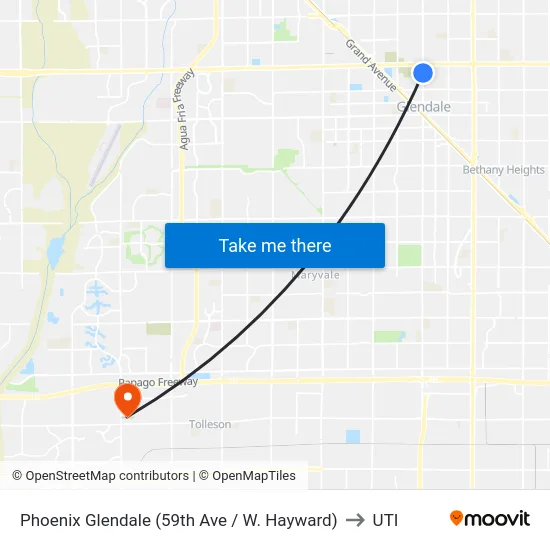 Phoenix Glendale (59th Ave / W. Hayward) to UTI map