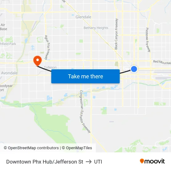 Downtown Phx Hub/Jefferson St to UTI map