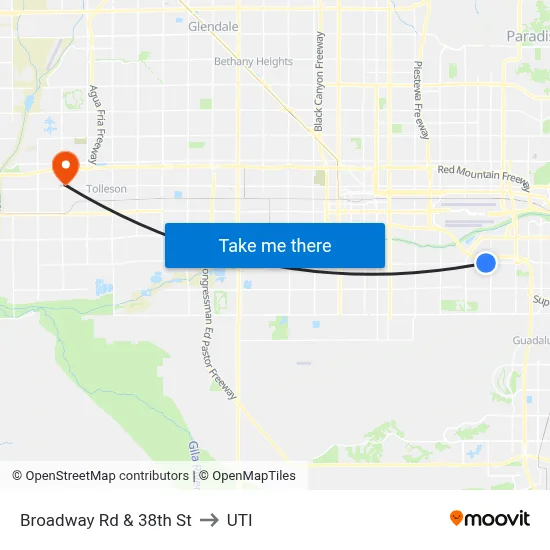 Broadway Rd & 38th St to UTI map