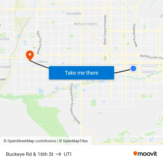 Buckeye Rd & 16th St to UTI map