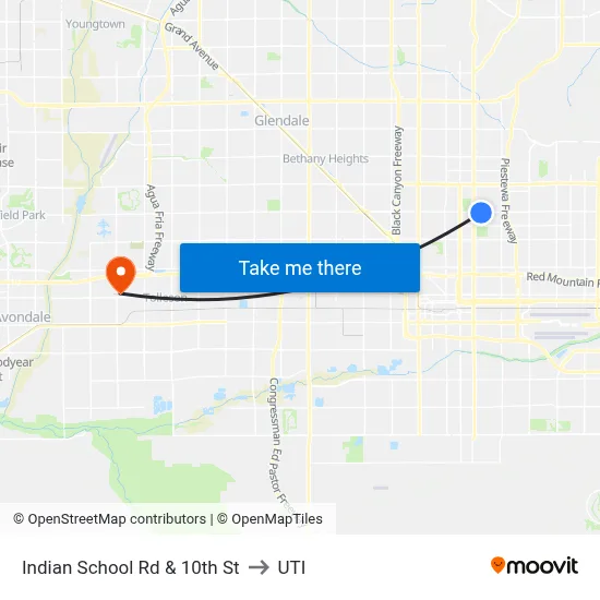 Indian School Rd & 10th St to UTI map